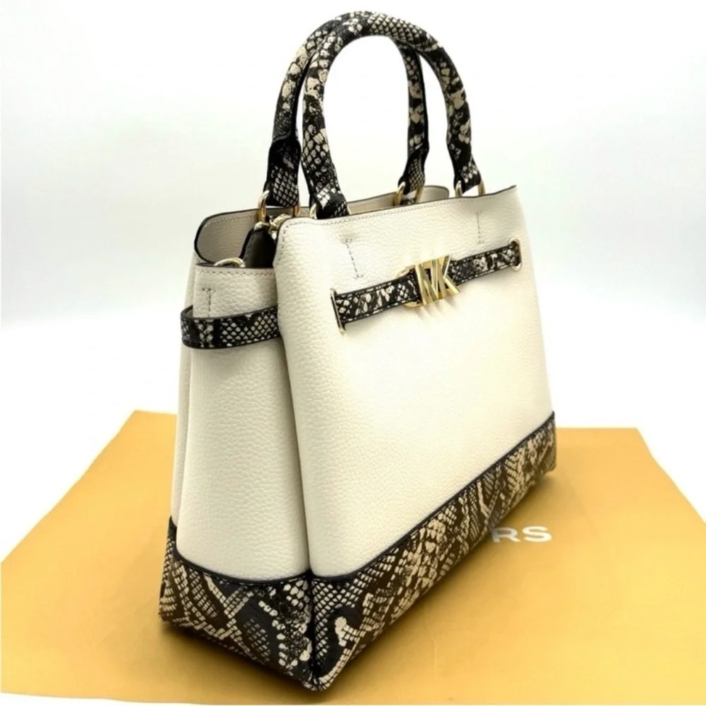 Michael Kors Reed Large Belted Satchel Crossbody Bag Light Cream Snakeskin